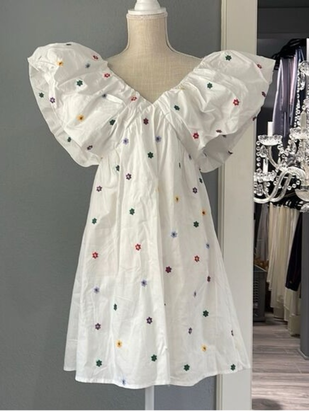 Day + Moon Floral Flower Embroidery Puffy Sleeve Mini White Dress